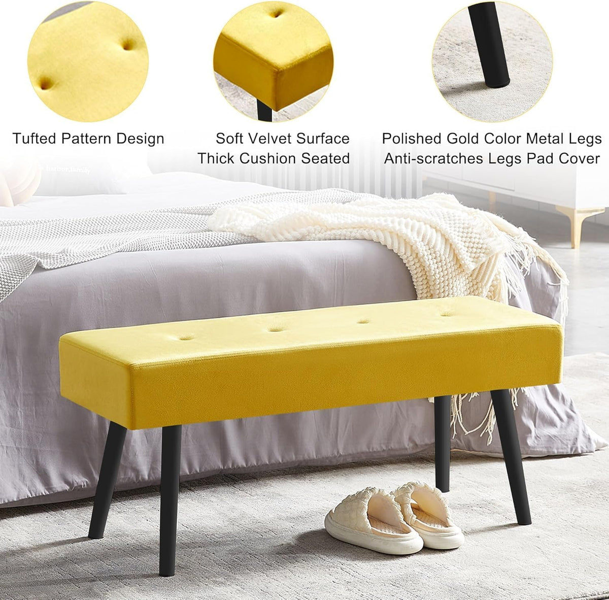 Upholstered Bench for Bedroom End of Bed, 40-inch Entryway Bench for Living Room, Dining Bench with Padded Seat and Metal Legs for Kitchen Bedroom,Indoor and Hallway (Yellow Velvet Bench)
