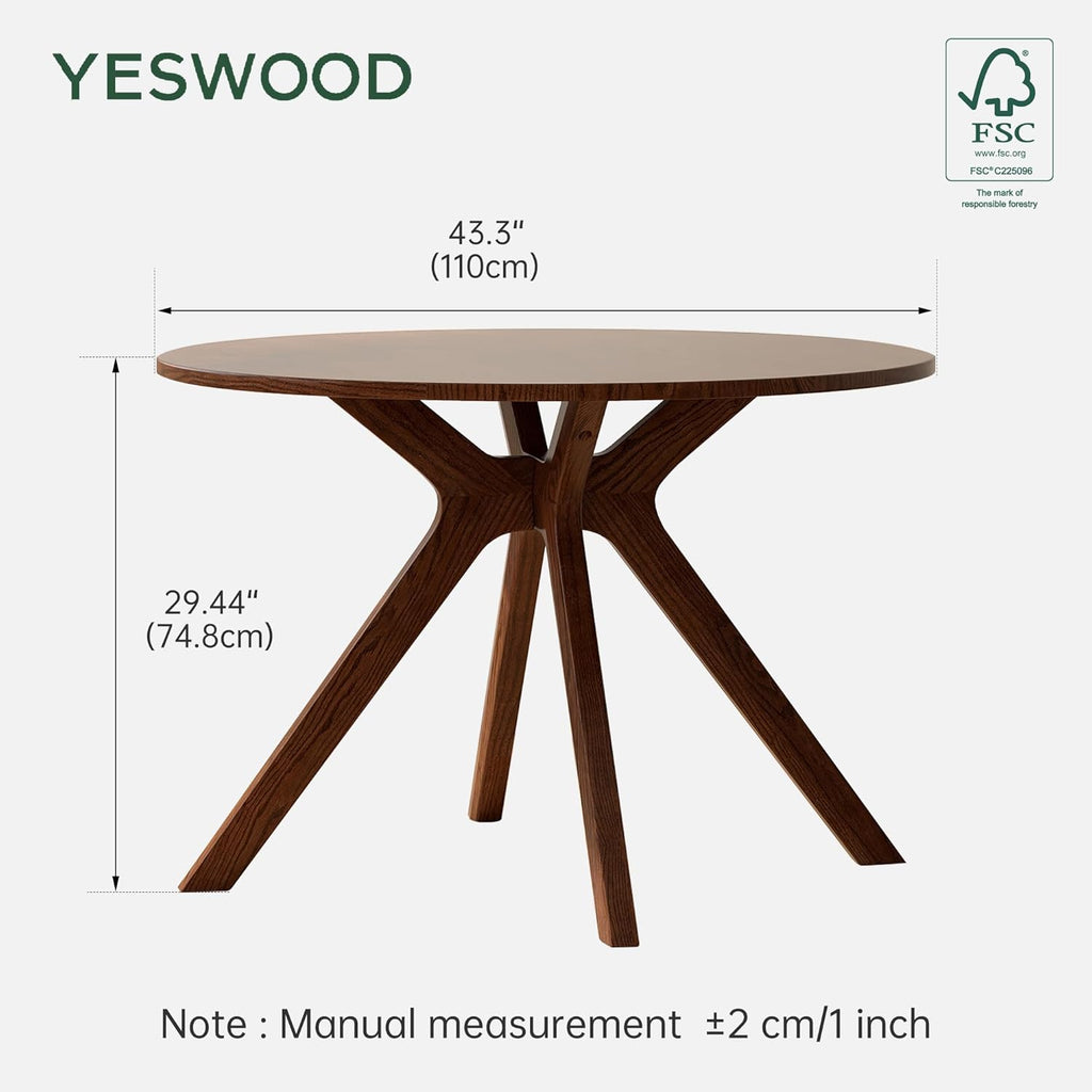 YESWOOD 43.3’’ Round Dining Table for 4, Solid Wood Oak Kitchen Table with Intersecting Pedestal Base, Farmhouse Wooden Kitchen Table, Circle Dinner Table for Dining Room, Living Room, Office, Walnut
