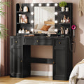 Large Makeup Vanity Desk with Mirror and Lights & Charging Station, Black | 3 Lighting Modes Adjustable Brightness, 3 Drawers, 2 Large Cabinets, 4 open shelves and Hairdryer Holder for Women Girls