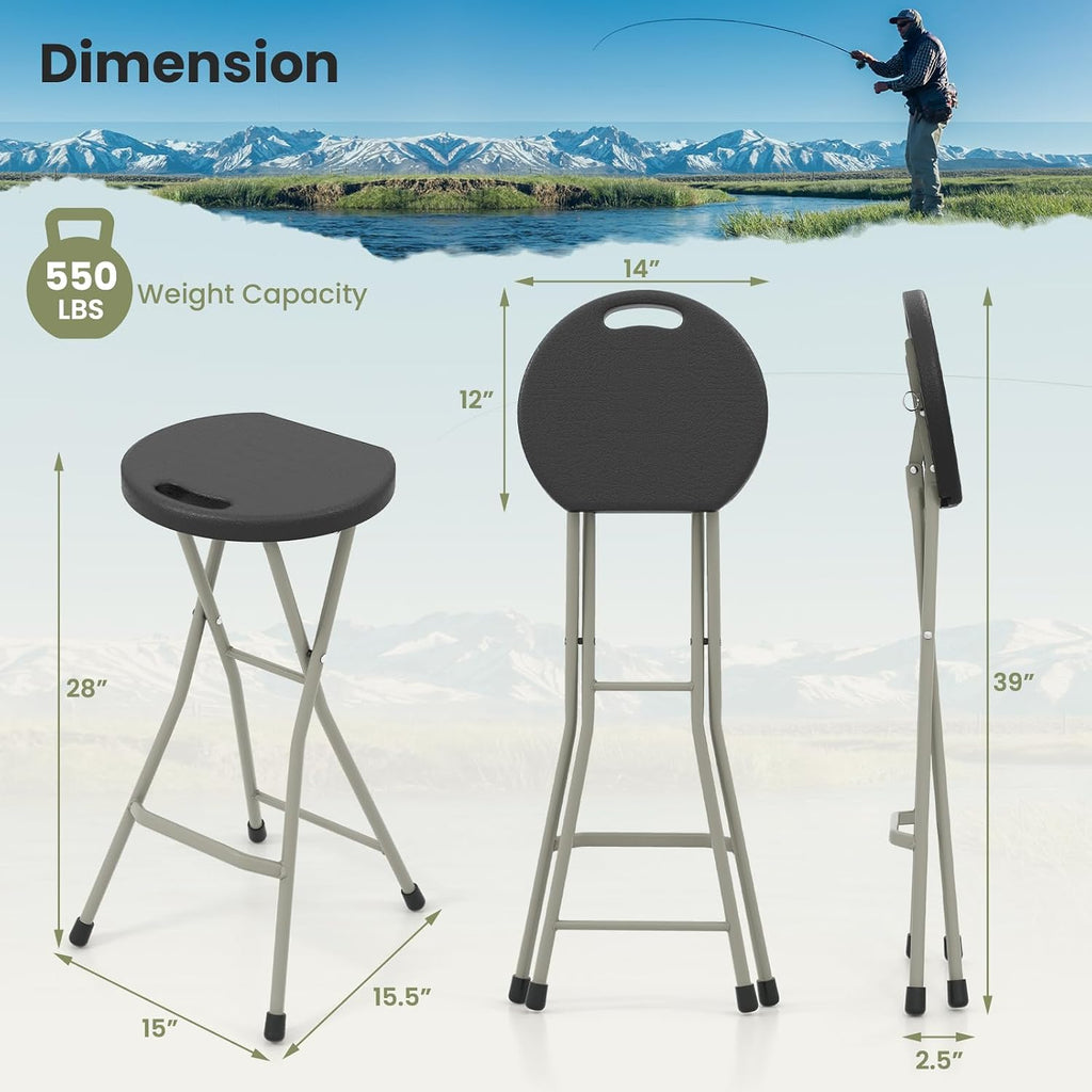 LDAILY Folding Stool, 28’’ Folding Bar Stool with Handle, Footrest, Anti-Slip Foot Pads and Steel Frame, Collapsible Round Stool Chair for Outdoor, Indoor, Garden, Camping, Fishing, Black (1)