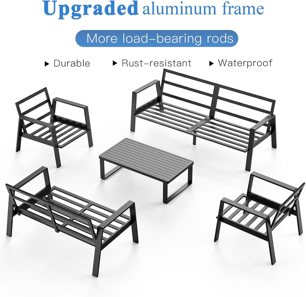 Aluminum Outdoor Patio Furniture Set, 5 Piece Sectional Coversation Sets with Coffee Table, Modern Outdoor Sofa Couch with Thick Cushions for Porch, Balcony, Garden (Black/Blue, 5 Pcs Set)