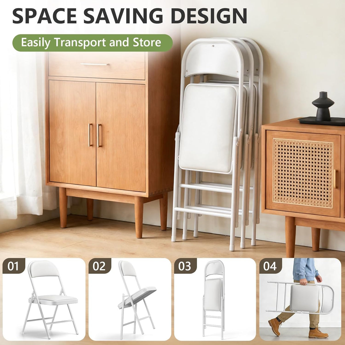 Folding Dining Chairs Set of 4 - Modern PU Leather Folding Chairs with Cushion Seat & Back Metal Legs Kitchen Chairs Folding Chair Set for Kitchen/Living Room/Bedroom/Parties (White)