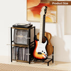 YAKANJ End Table with Guitar Stand,Record Player Stand,Vinyl Records Storage,2-Tier Guitar Stand for Acoustic,Turntable Stand for Music Studio-Brown