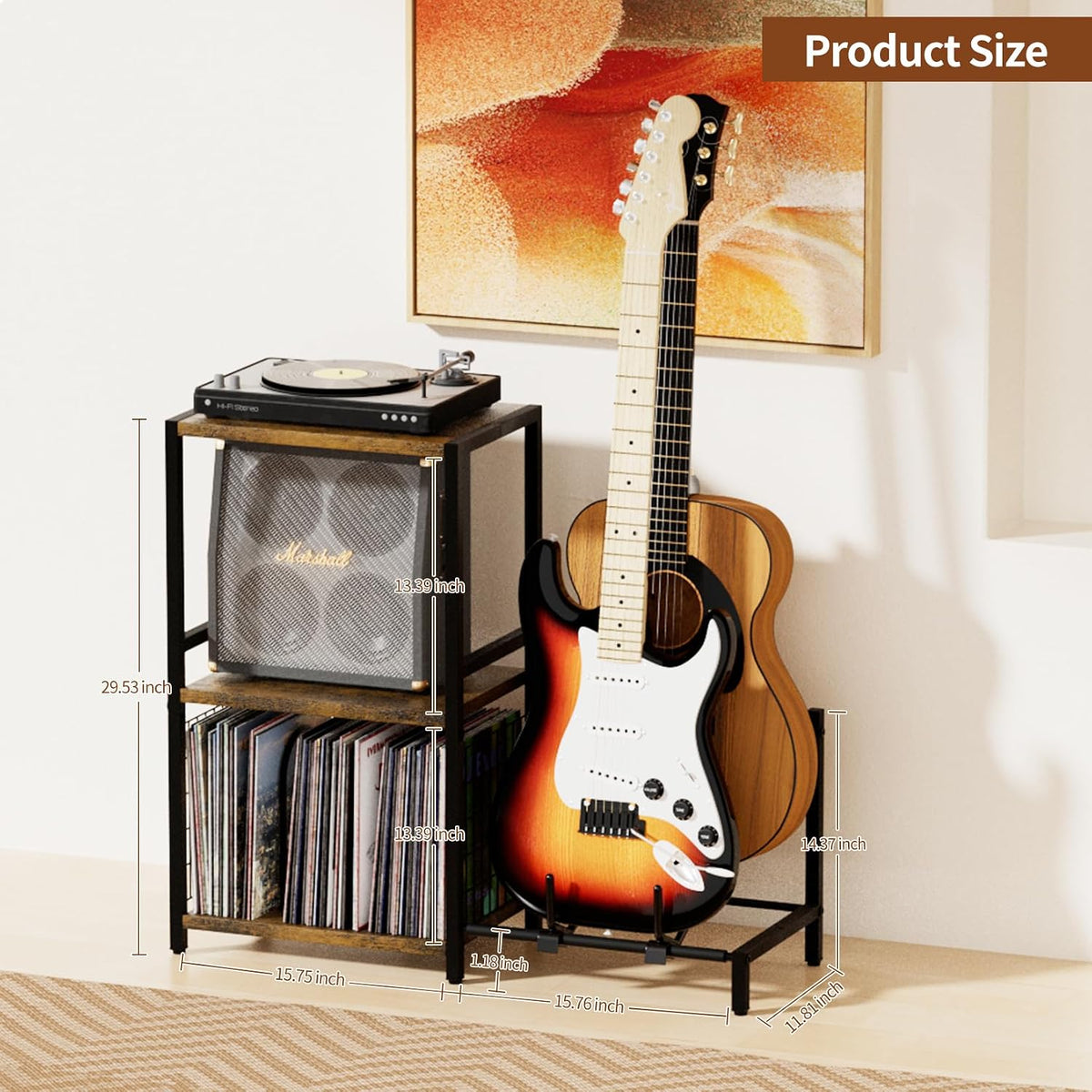 YAKANJ End Table with Guitar Stand,Record Player Stand,Vinyl Records Storage,2-Tier Guitar Stand for Acoustic,Turntable Stand for Music Studio-Brown
