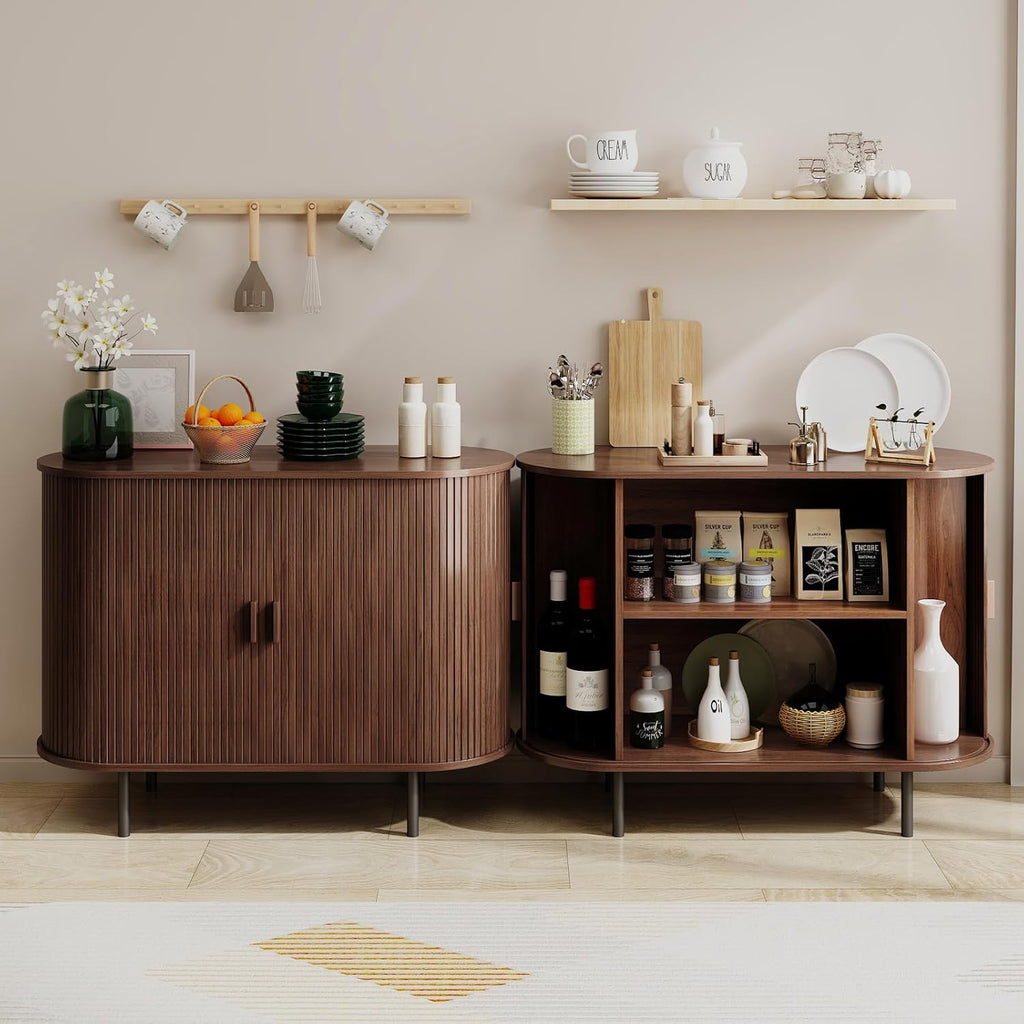 Buffet Sideboard Cabinet with Fluted Sliding Door, 40" Storage Console Table with Adjustable Shelf for Kitchen, Entryway, or Living Room, Modern Accent Coffee Bar, Walnut