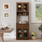 KEIKI 70.87" Tall Kitchen Pantry Storage Cabinet with Countertop, Glass Doors, Drawers, Microwave Stand and Shelves, Freestanding Wood Hutch Food Pantries Buffet Cupboard for Coffee Bar, Dining Room