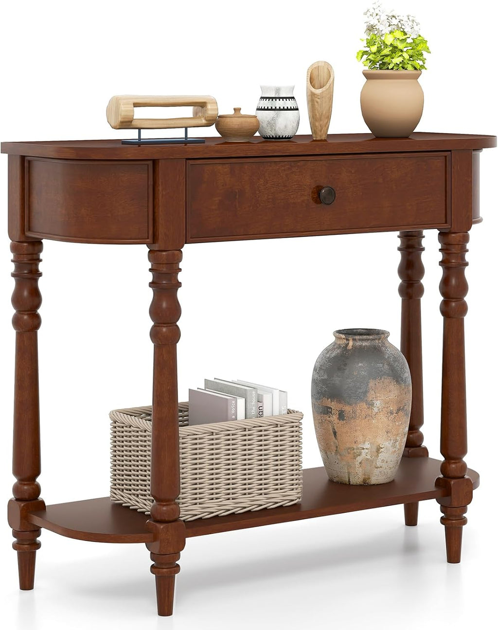 Giantex 2-Tier Console Table, 36" Retro Entryway Table with Storage Drawer & Elegant Legs, Narrow Wooden Sofa Table with Open Shelf for Living Room, Foyer, Hallway, Bedroom, Entrance (Brown)