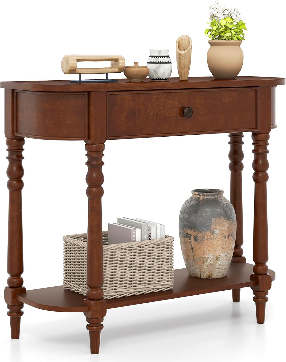 Giantex 2-Tier Console Table, 36" Retro Entryway Table with Storage Drawer & Elegant Legs, Narrow Wooden Sofa Table with Open Shelf for Living Room, Foyer, Hallway, Bedroom, Entrance (Brown)