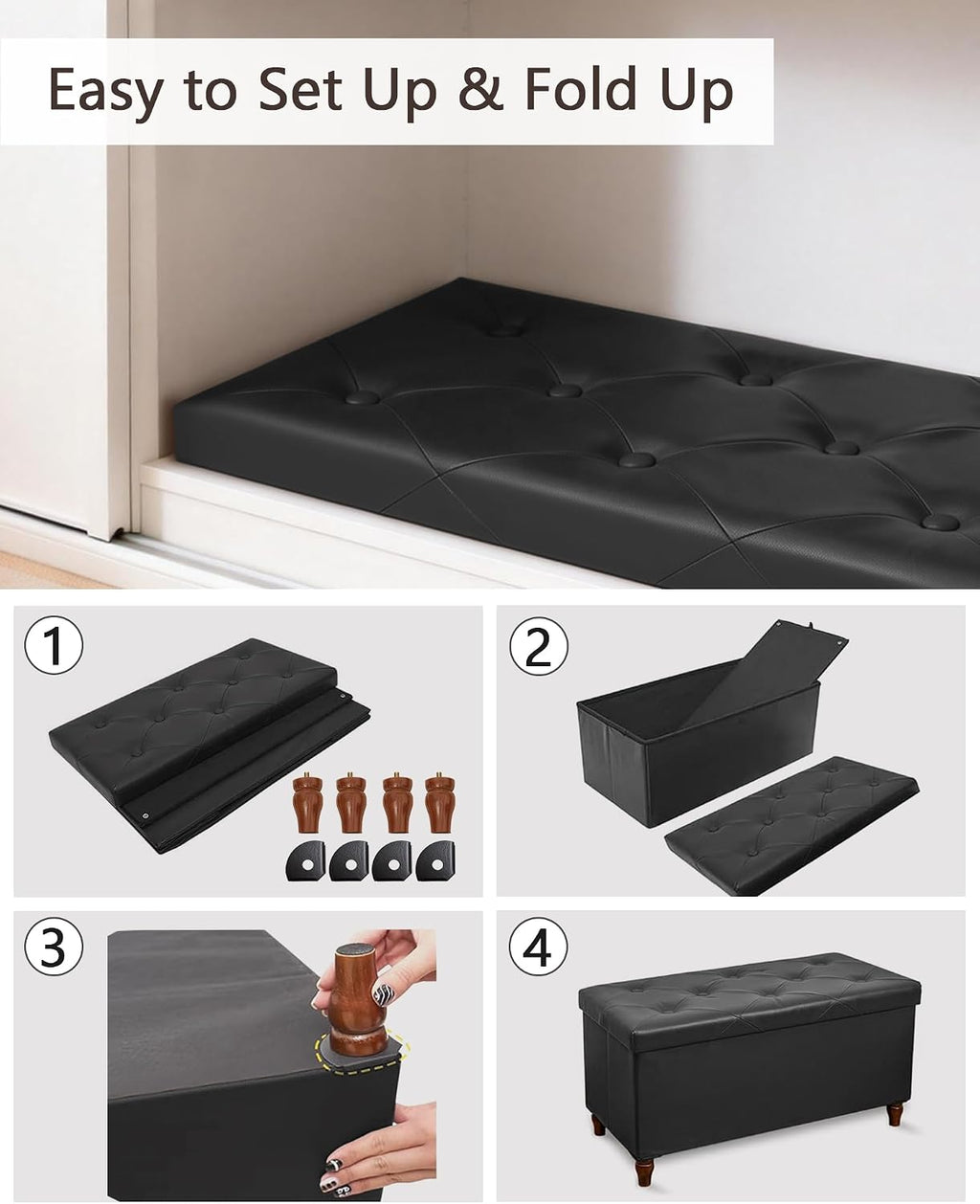 GLAXYFUR 30 Inches Ottoman with Storage, Folding Bench with Legs, Black | Faux Leather Foot Rest, Storage Chest for Living Room, Bedroom and Hallway, Upgrade Large Capacity