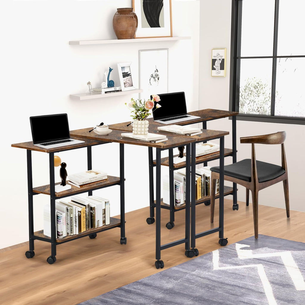 FurnitureR 360° Rotating Sofa Side Table with Storage Shelves, Mobile L-Shaped Desk with Lockable Wheels, Adjustable Swivel End Table for Couch or Bed, Space-Saving Storage Cart, Brown
