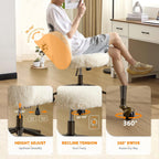 VINGLI Plush Upholstery Vanity Desk Chair with Curved Back & 90-102° Tilt &Adjustable Height, Cute Rolling Chair with Bronze Base & Golden-Bronze 360° Swivel Wheels for Makeup &Home Office,White Cream