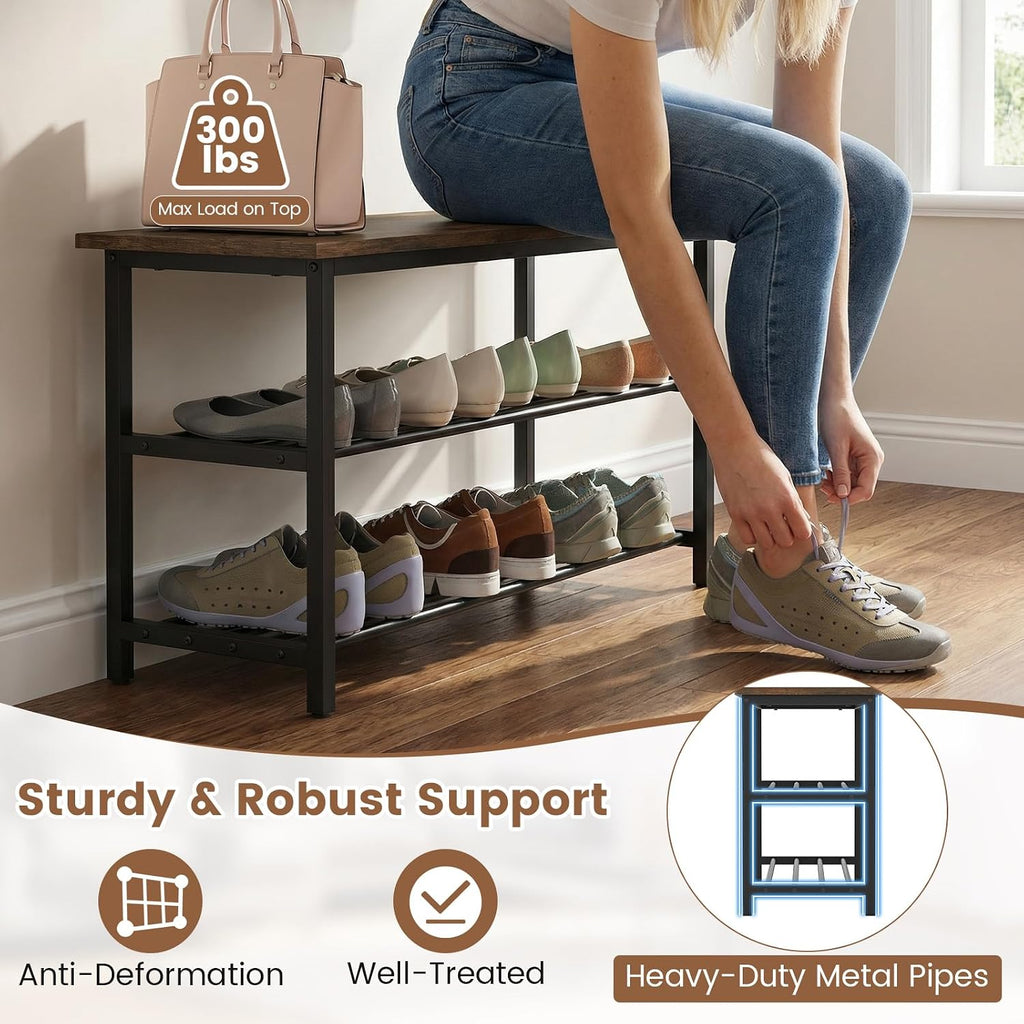 Giantex 3-Tier Shoe Bench, 32" L Shoe Organizer Storage Bench with Metal Slat Shelves & Seat, Front Door Shoe Rack for Entryway, Hallway, Bedroom, Living Room