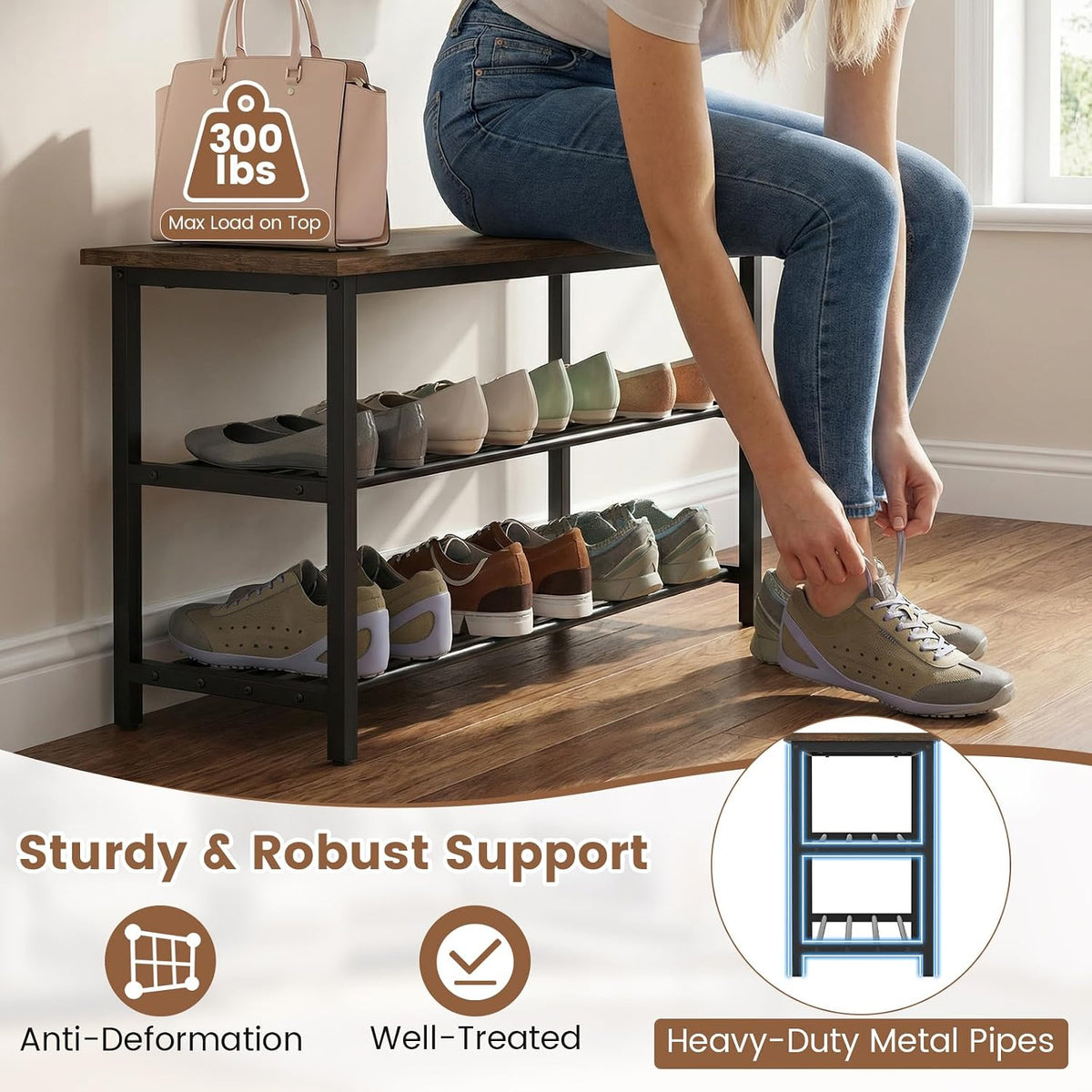 Giantex 3-Tier Shoe Bench, 32" L Shoe Organizer Storage Bench with Metal Slat Shelves & Seat, Front Door Shoe Rack for Entryway, Hallway, Bedroom, Living Room