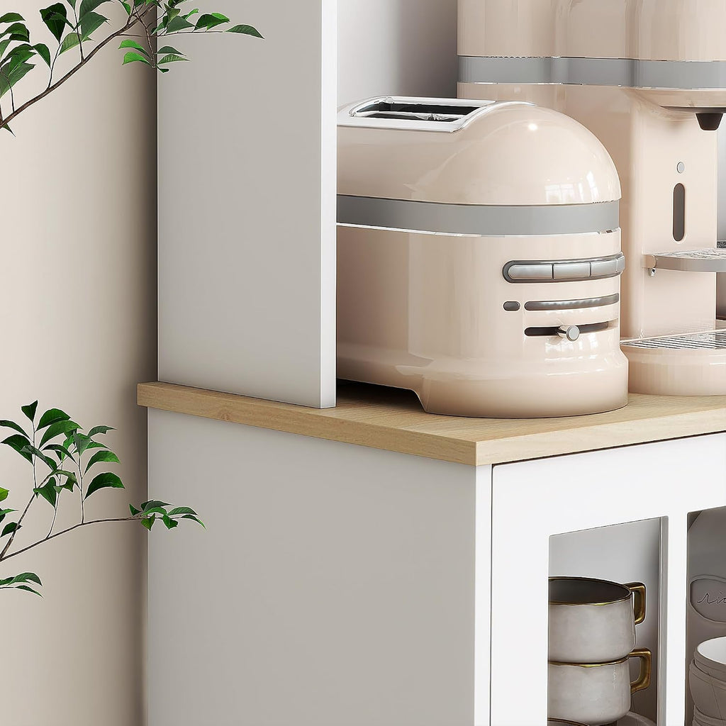 HOMCOM Kitchen Pantry Storage Cabinet 72" with Hutch, White | Large Countertop, Freestanding, Glass Doors, Adjustable Shelves, Dining Room