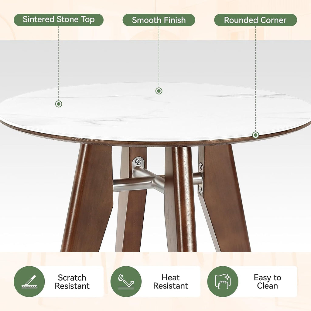 31.5" Round Dining Table, Modern Sintered Stone Kitchen Table with Solid Wood Legs for Dining Room, Living Room, Small Space, Glossy White & Brown