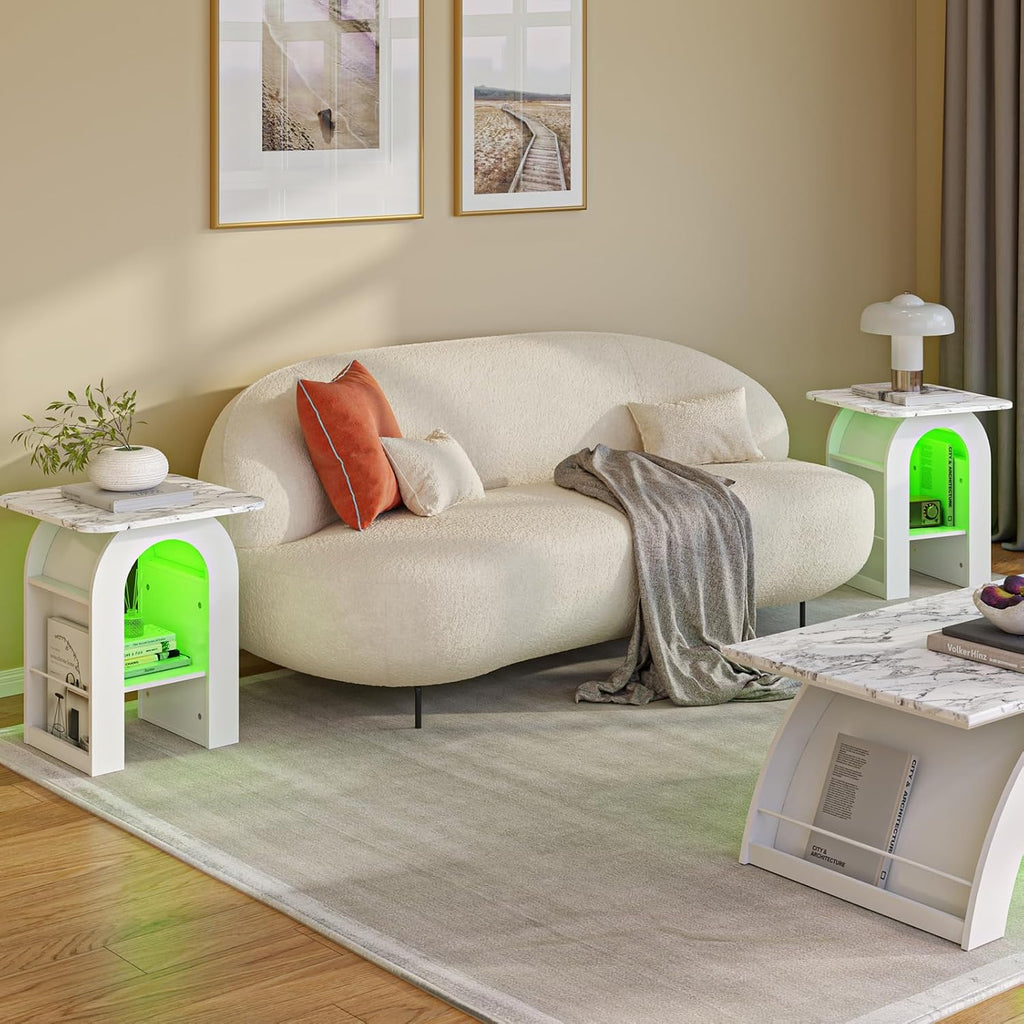 Small End Tables Living Room Set of 2 for Small Spaces,19" Marble Top Nightstand with RGB Strip, Side Table with Storage Shelf