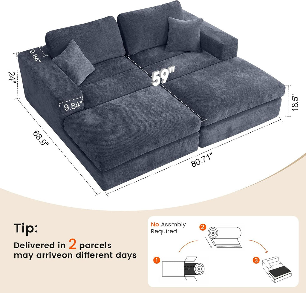 Oversized Double Chaise Lounge Chair, Cloud Sofa Bed, Blue | 59" Deep Seat Couch, Modular Oversized Loveseat, Soft Cloud Sofa, 4 Pillows, 10" Wider Armrests, Chaise Lounge Chair Indoor
