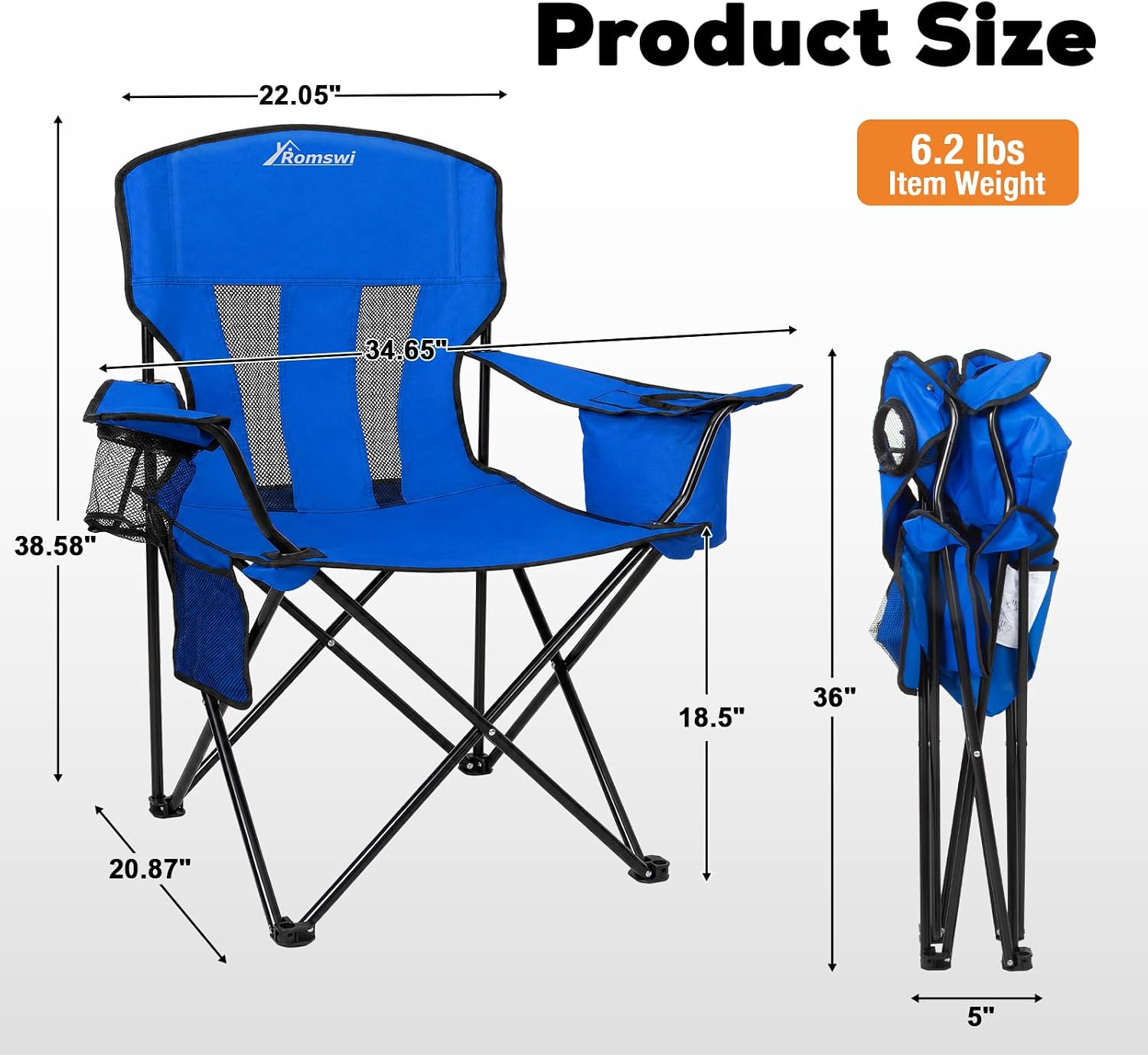 Camping Chairs for Adults 2 Pack, Folding Chair with 4-Can Cooler Bag & Cup Holder, Portable Heavy Duty Outdoor Chair with Mesh Back for Camping, Beach, Lawn, Fishing, Blue