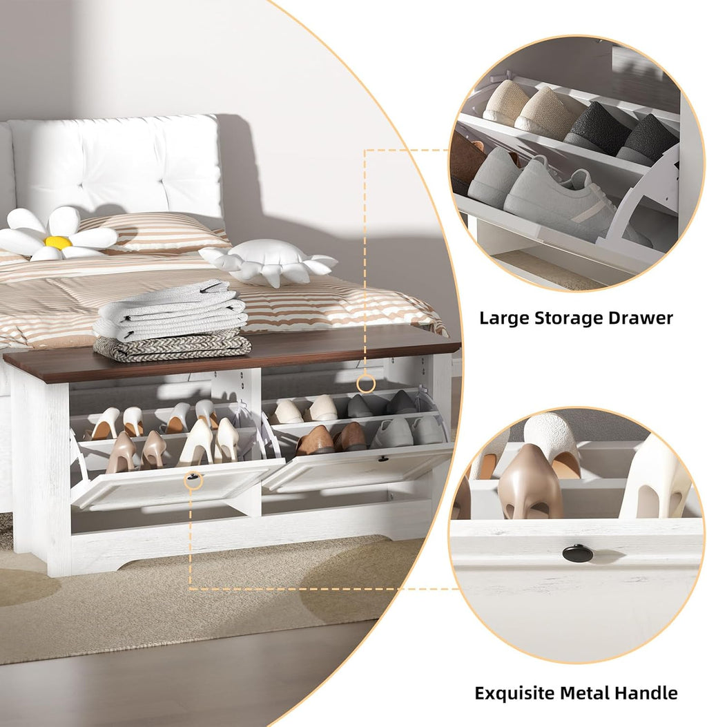 Shoe Storage Bench with Seat, Entryway Shoe Cabinet with Drawers | Flip Drawers and Hidden Storage, Comfortable Seating for Entryway, Hallway, Foyer and Small Spaces