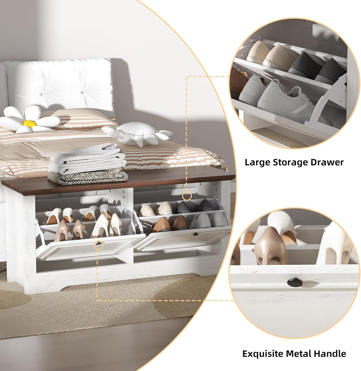 Shoe Storage Bench with Seat, Entryway Shoe Cabinet with Drawers | Flip Drawers and Hidden Storage, Comfortable Seating for Entryway, Hallway, Foyer and Small Spaces