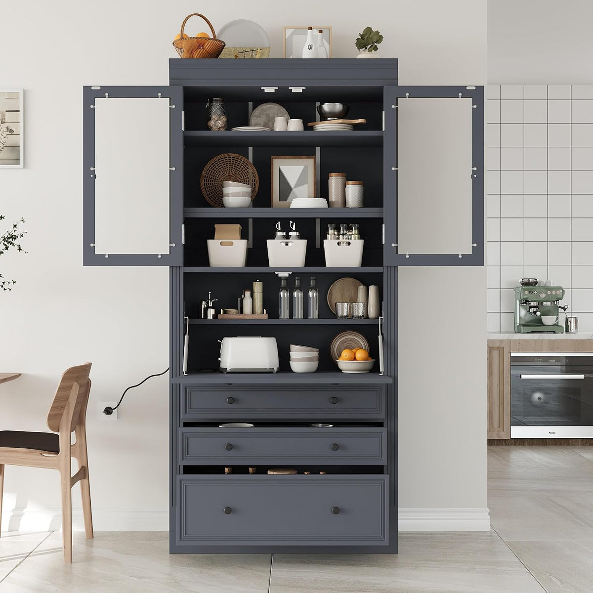 78" Tall Kitchen Pantry Cabinet with 3 Drawers, Large Wooden Kitchen Organizers Storage Cabinet Cupboard with Power Outlet and Adjustable Shelves for Dining Room, Living Room, Grey