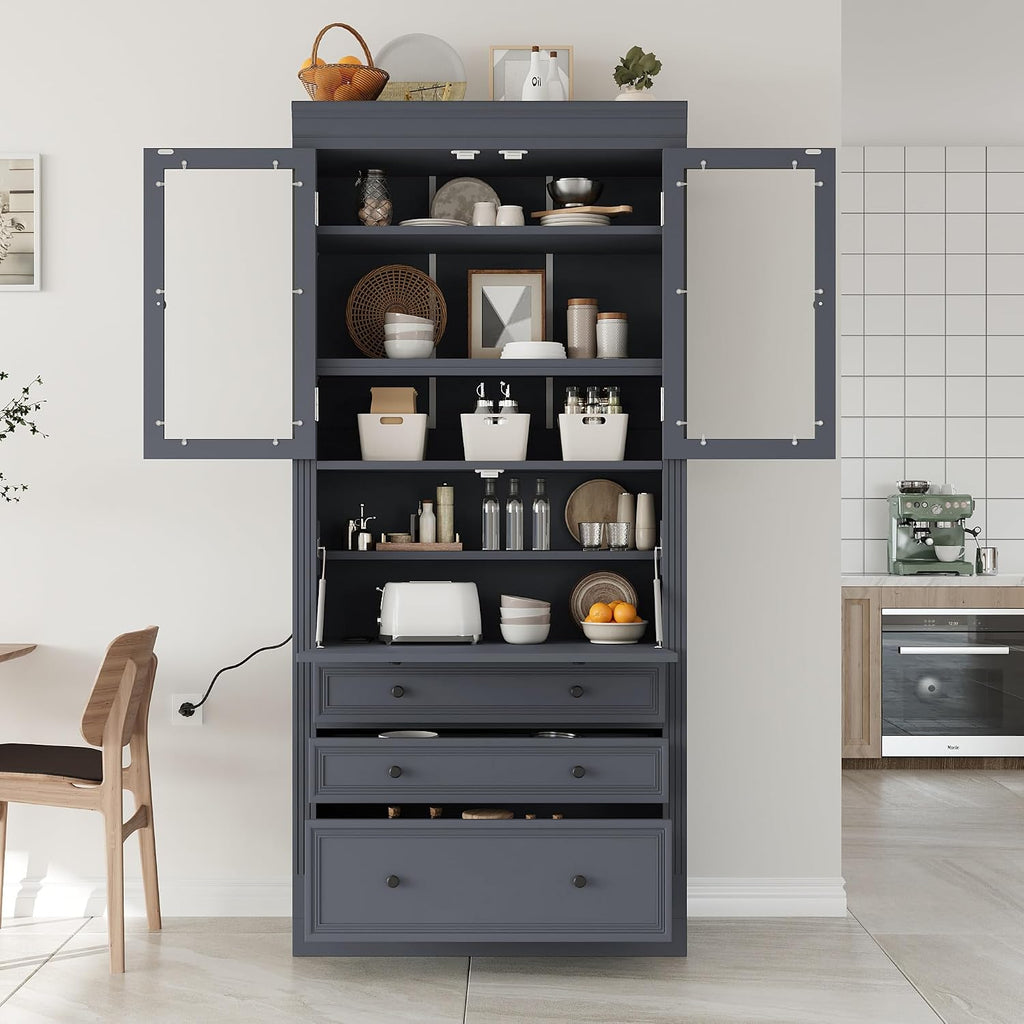 JIJIWANG 78" Tall Freestanding Kitchen Pantry Storage Cabinet,Multifunctional Cupboard with 3 Drawers,Adjustable Shelves and Power Outlet for Office, Kitchen,Dining Room,Grey