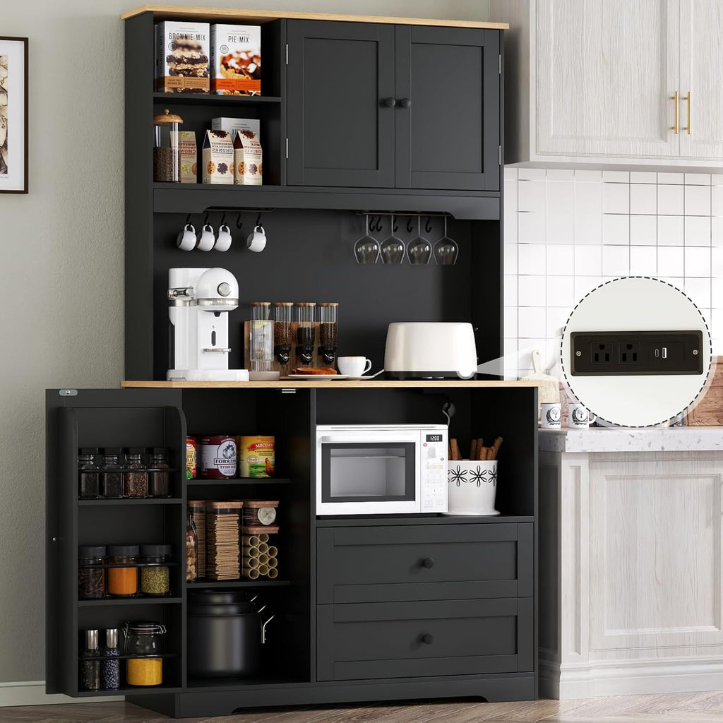 68"Tall Kitchen Pantry Storage Cabinet with Charging Station, Door & Shelf | Upgrade Pantry Cabinet with Wine & Glass Holder, Kitchen Hutch Cabinet with Microwave Stand, for Kitchen (Black)