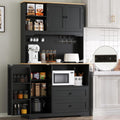 68"Tall Kitchen Pantry Storage Cabinet with Charging Station, Door & Shelf | Upgrade Pantry Cabinet with Wine & Glass Holder, Kitchen Hutch Cabinet with Microwave Stand, for Kitchen (Black)