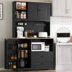 68"Tall Kitchen Pantry Storage Cabinet with Charging Station, Door & Shelf | Upgrade Pantry Cabinet with Wine & Glass Holder, Kitchen Hutch Cabinet with Microwave Stand, for Kitchen (Black)