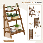 Bamboo Ladder Shelf 3-Tier Foldable Plant Stand, 23.6"W x 15"D x 39.4"H Freestanding Flower Pot Display Rack for Garden, Balcony, Patio, or Living Room, Walnut