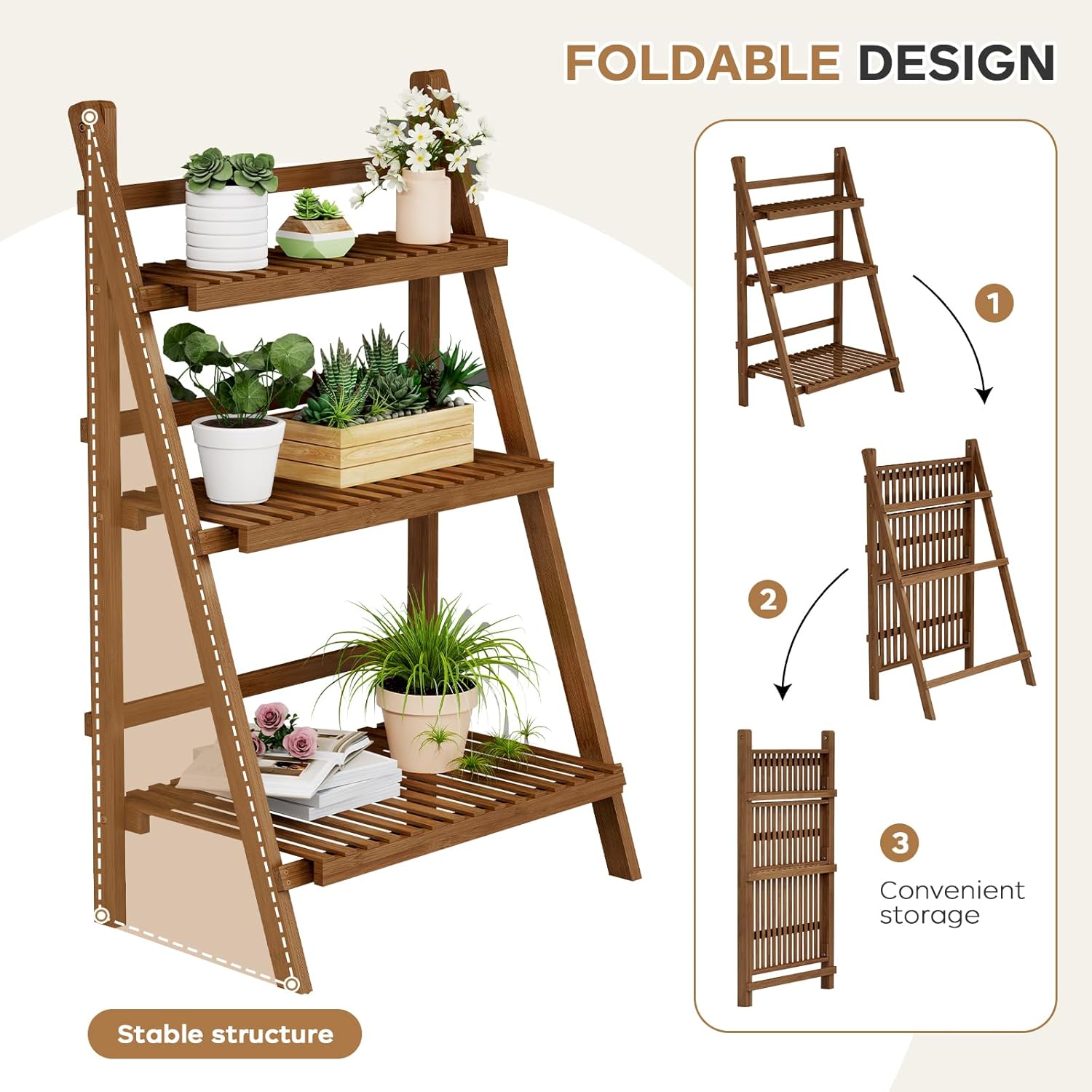 Bamboo Ladder Shelf 3-Tier Foldable Plant Stand, 23.6"W x 15"D x 39.4"H Freestanding Flower Pot Display Rack for Garden, Balcony, Patio, or Living Room, Walnut