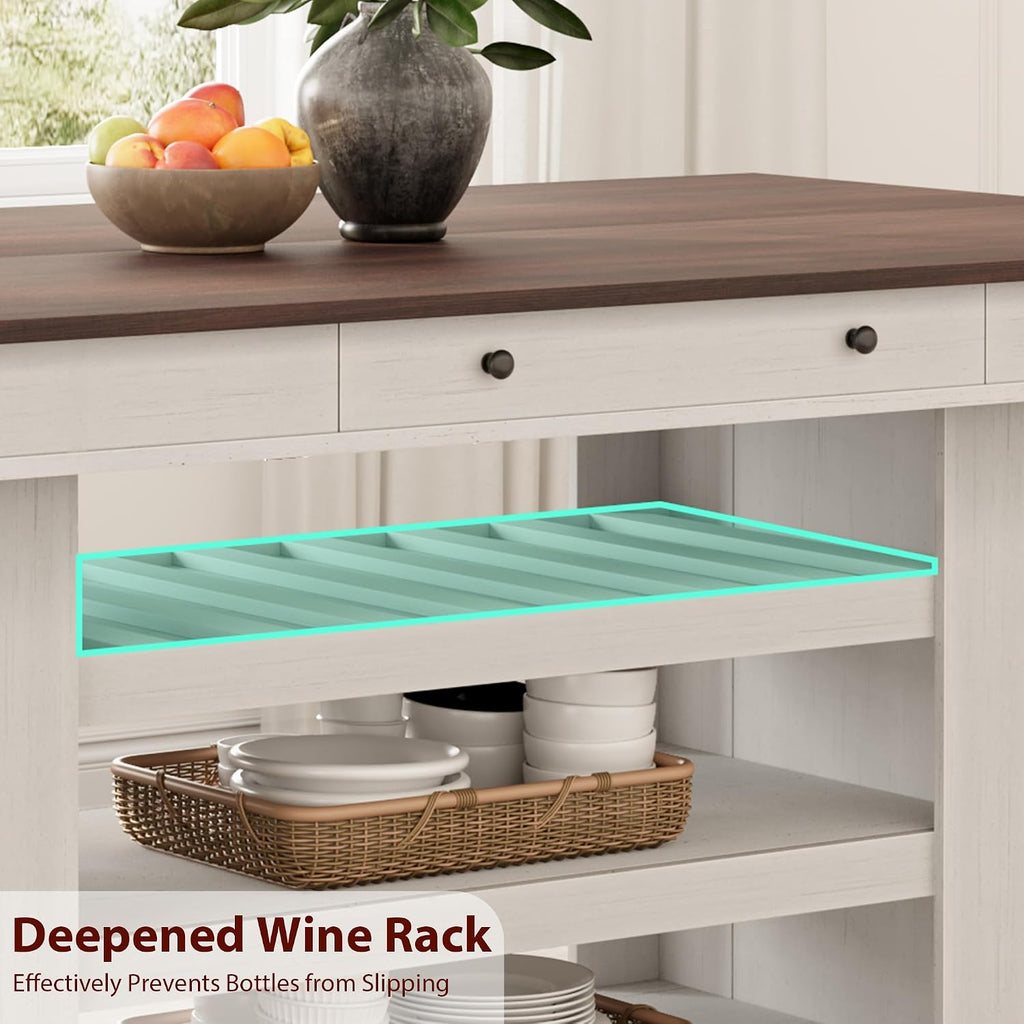 Garvee Counter Height Dining Table with 2 Drawers, 36" Farmhouse Wooden Large Bar Kitchen Table with Wine Rack & 3 Shelves, Rectangular, Thick Frame for Kitchen, Bar & Entertaining, Retro White Brow