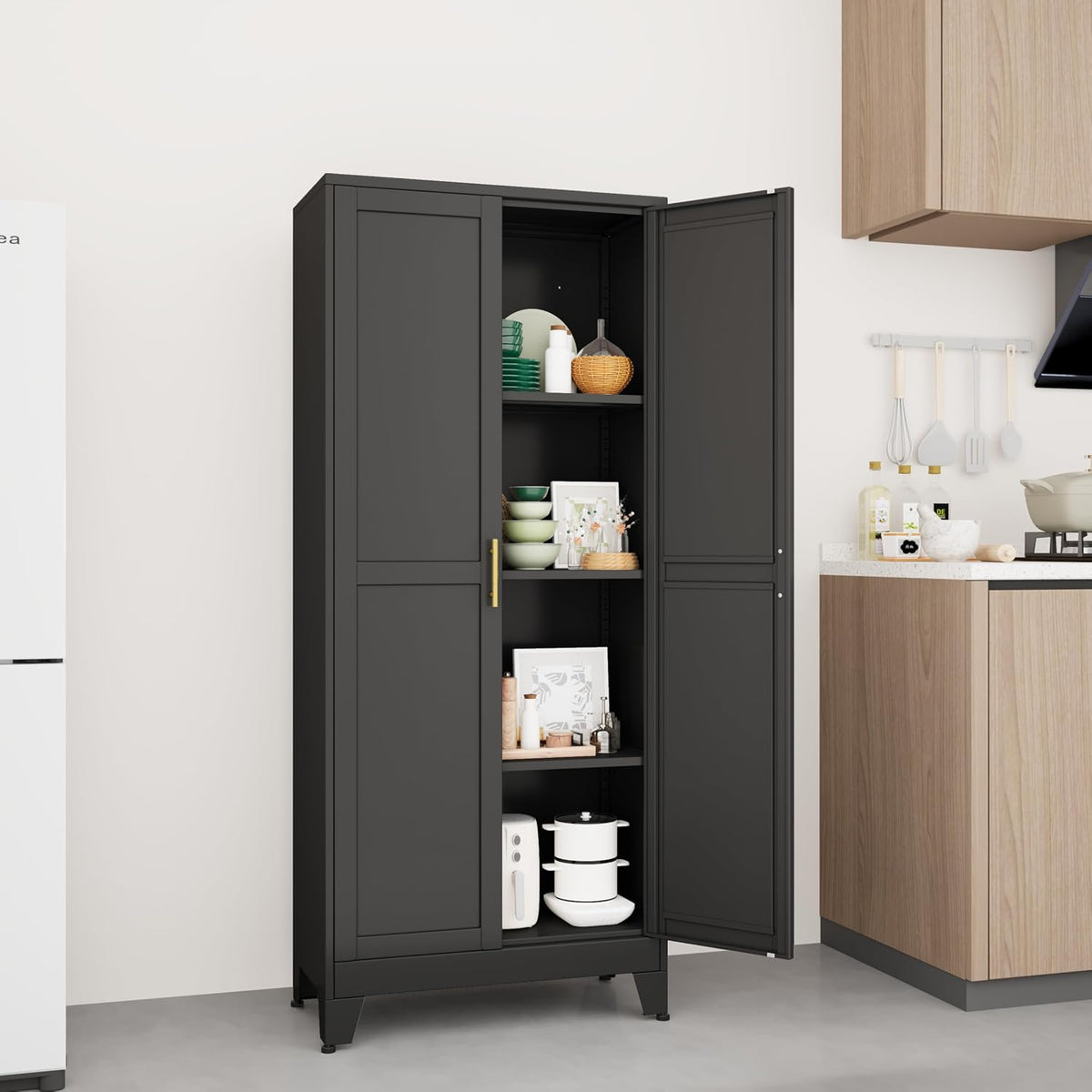 Metal Storage Cabinet with Doors and Shelves, 61.02" Tall Kitchen Pantry Storage Cabinet for Food, Large Freestanding Pantry Closet for Kitchen, Dining Room, Living Room (Black)