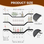 39.4in 3-Tier Floating Metal Wine Rack, Modern Wall Mounted Wine Shelf with LED Lights & Wine Glass Rack, Large Hanging Liquor Shelf Wall Mounted for Bar Home Dining Room Cafe Decorative, Black