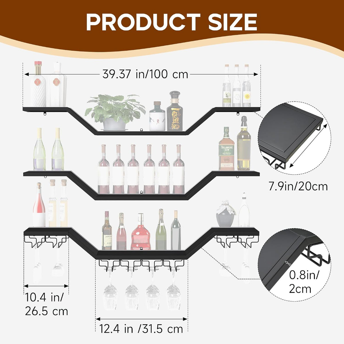 39.4in 3-Tier Floating Metal Wine Rack, Modern Wall Mounted Wine Shelf with LED Lights & Wine Glass Rack, Large Hanging Liquor Shelf Wall Mounted for Bar Home Dining Room Cafe Decorative, Black