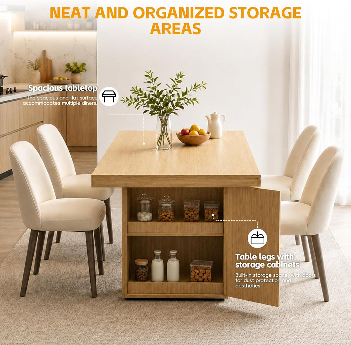 Dining Table for 4-12 People, Modern Wood Kitchen Table with Storage Cabinets, Dining Room Table for Kitchen Living Room Apartment, Space Saving Rectangle Table.