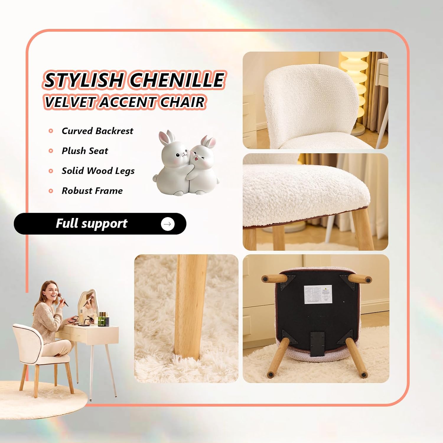 VINGLI Chenille Curved-Back Armless No Wheels Vanity Chair for Girls, Cute & Furry Upholstered Desk Chair with Solid Wood Legs for Study/Makeup/Bedroom/Dressing, Fluffy Makeup Chair for Teens, White