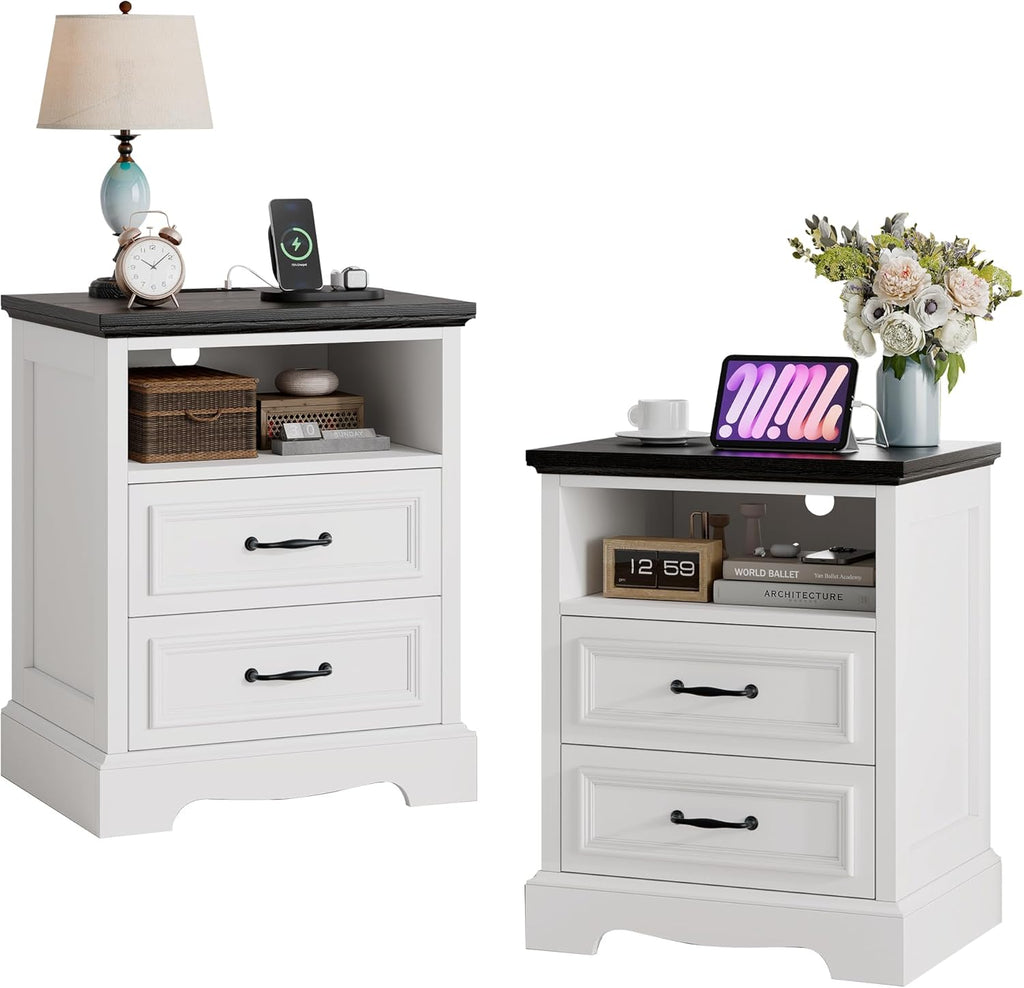 18" Farmhouse Nightstand Set of 2 with Charging Station, White End Table with 2 Drawers Storage, Wood Night Stand Side Table, Modern Bedside Cabinet for Bedroom Living Room, Dresser for Small Place