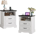 18" Farmhouse Nightstand Set of 2 with Charging Station, White End Table with 2 Drawers Storage, Wood Night Stand Side Table, Modern Bedside Cabinet for Bedroom Living Room, Dresser for Small Place