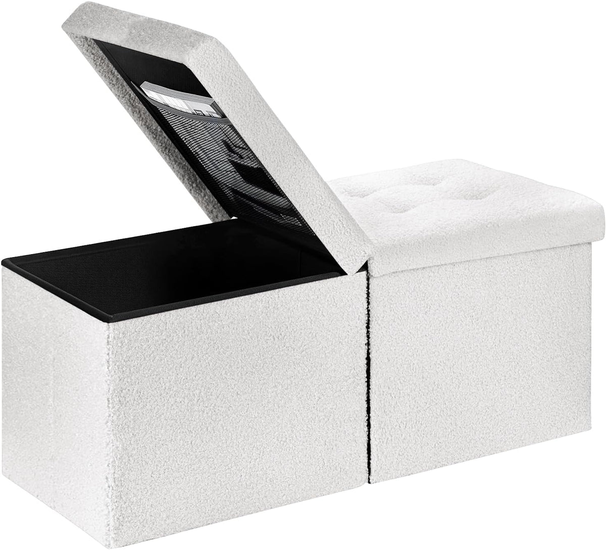 Storage Ottoman Bench, 34" Teddy Velvet Folding Foot Rest, White | Large Ottoman with Storage, Thicker Foam Padded Seat, 34 x 13 x 13in, Livingroom, Dorm, Bedroom, Easy to install, 86L