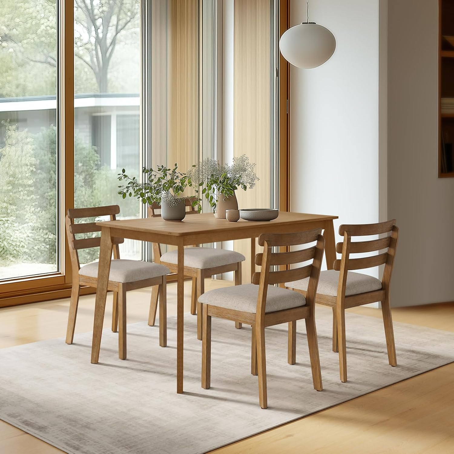 Farmhouse Dining Table Set for 4, Wooden Kitchen Table & Solid Wood Chairs | 4 Upholstered Chairs, Modern Rectangular Dining Room Table and Chairs for Kitchen, Small Spaces, Rubberwood Legs, 5-Piece