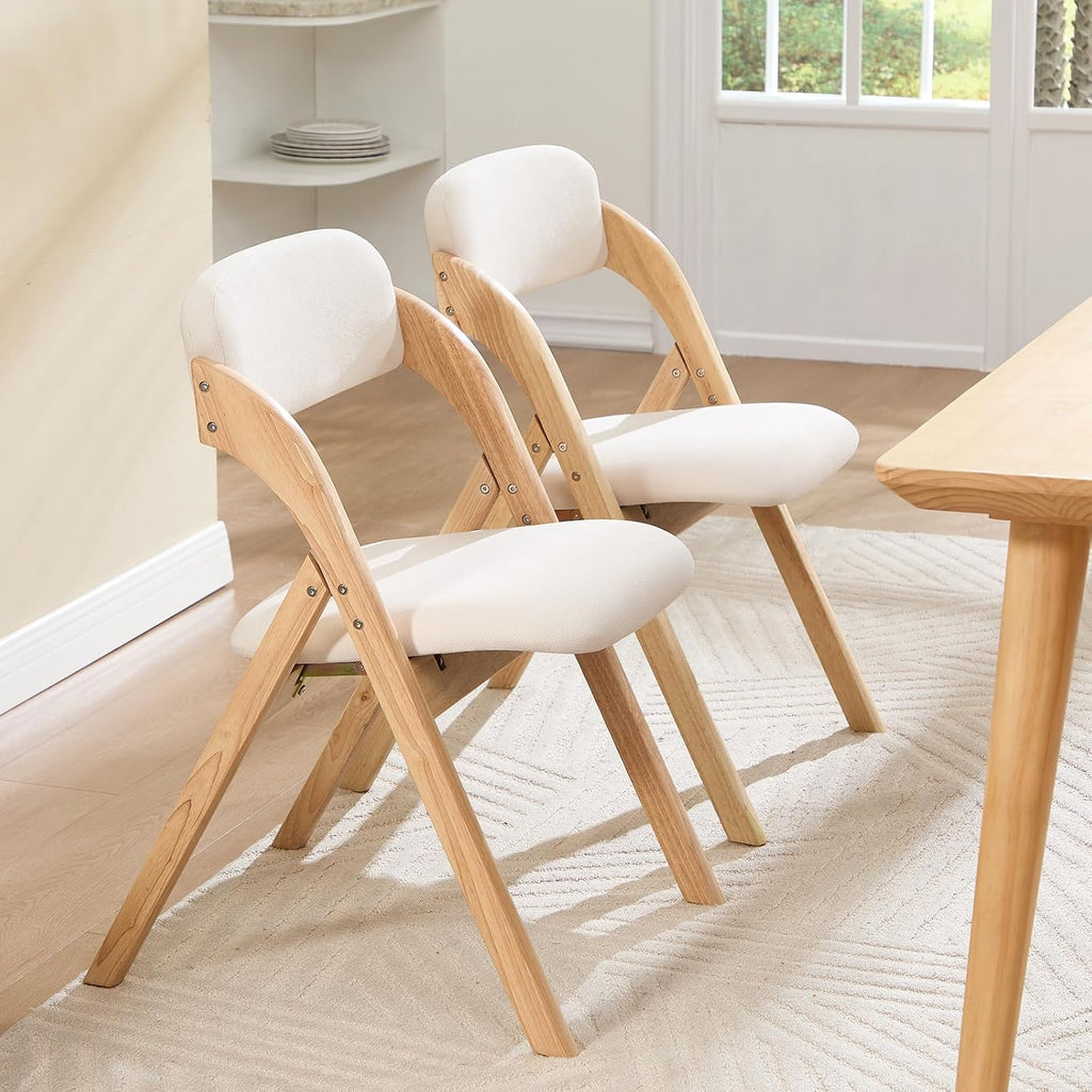 Folding Chairs with Cushion Set of 4,Linen Padded Foldable Dining Chairs, Raw Wooden Folding Dining Chairs, for Dining Rooms, Wedding Parties, Offices Indoor Outdoor Beige