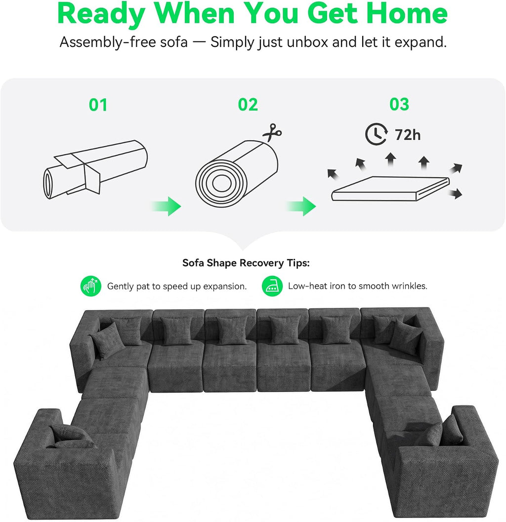 MONVANE Oversized Sectional Couch 12-Seat, Chenille, Gray | Sectional Couch for Living Room, Modular Cloud Sofa with Ottoman & 12 Throw Pillows, No Assembly Required