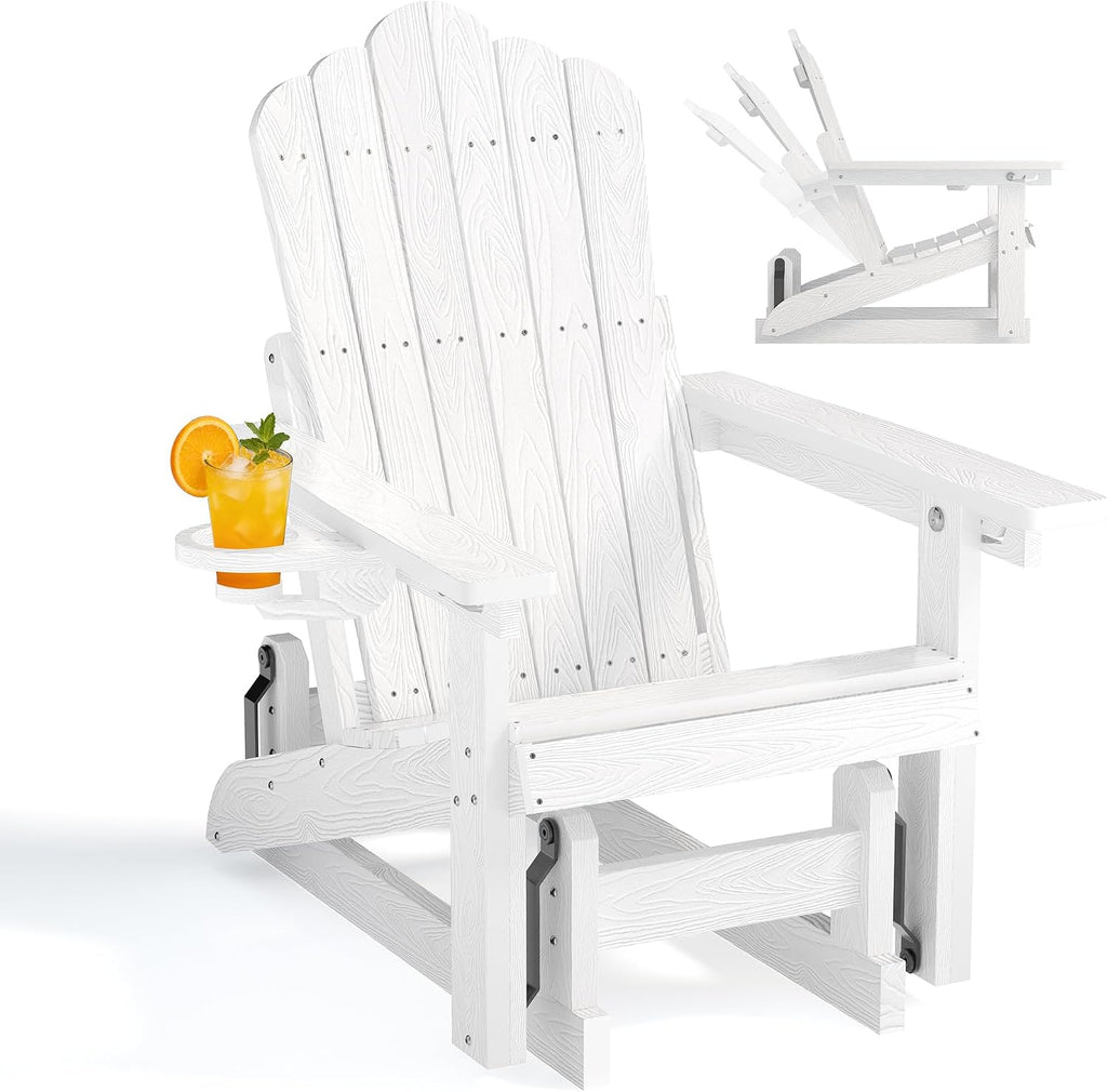 HDPE Adirondack Glider Chair,3-Position Adjustable Backrest Patio Glider | All-Weather Outdoor Glider Rocker Chair with Cup Holders,Porch Glider for Deck,Fire Pit, Poolside,400LBS Capacity White