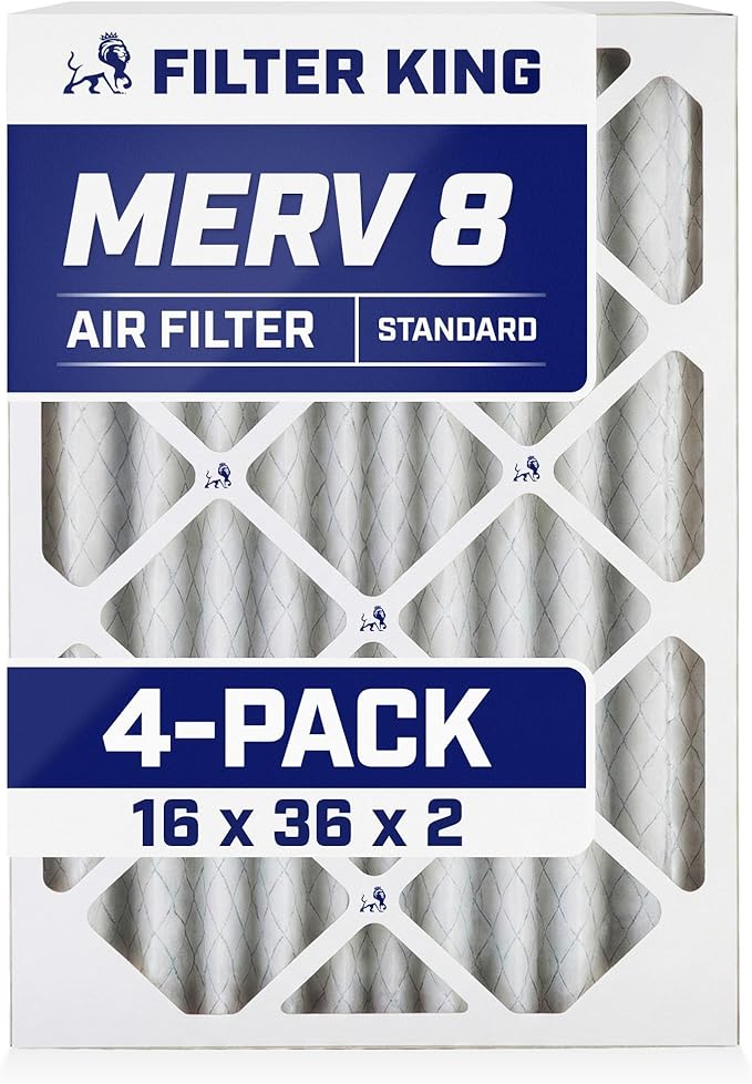 Filter King 16x36x2 Air Filter | 4-PACK | MERV 8 HVAC Pleated A/C Furnace Filters | MADE IN USA | Actual Size: 15.5 x 35.5 x 1.75"