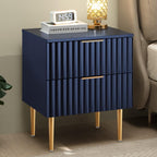 SICOTAS Night Stand Set 2, Fluted Glossy Nightstands Set of 2 with Drawers | Wide Modern Blue Storage Bedside Table for Bedroom, End Side Table with Golden Metal Legs and Handles, 2 Pieces