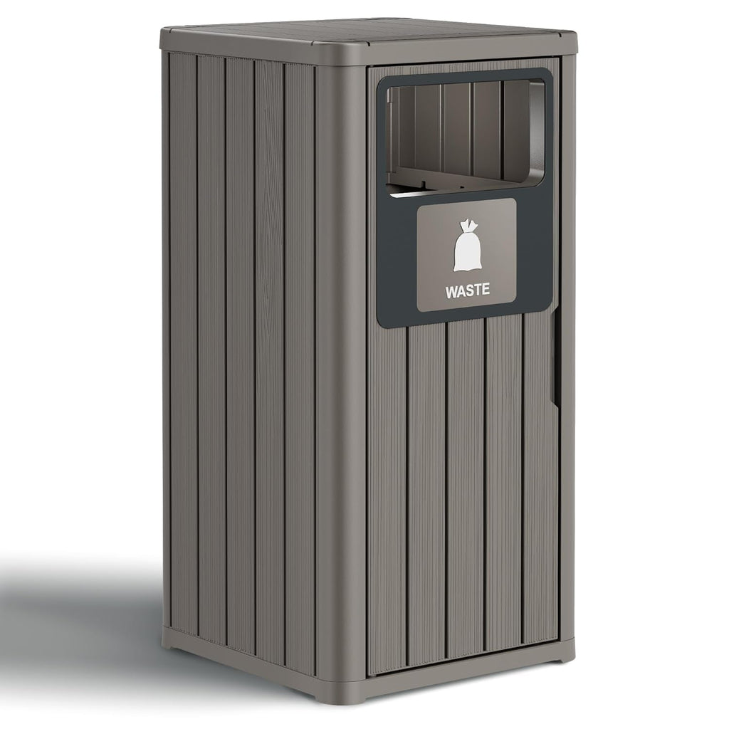 Outdoor Trash Can Waterproof Resin Garbage Can with Garbage Labels Outdoor Trash Bin for Patio, Garden,Kitchen
