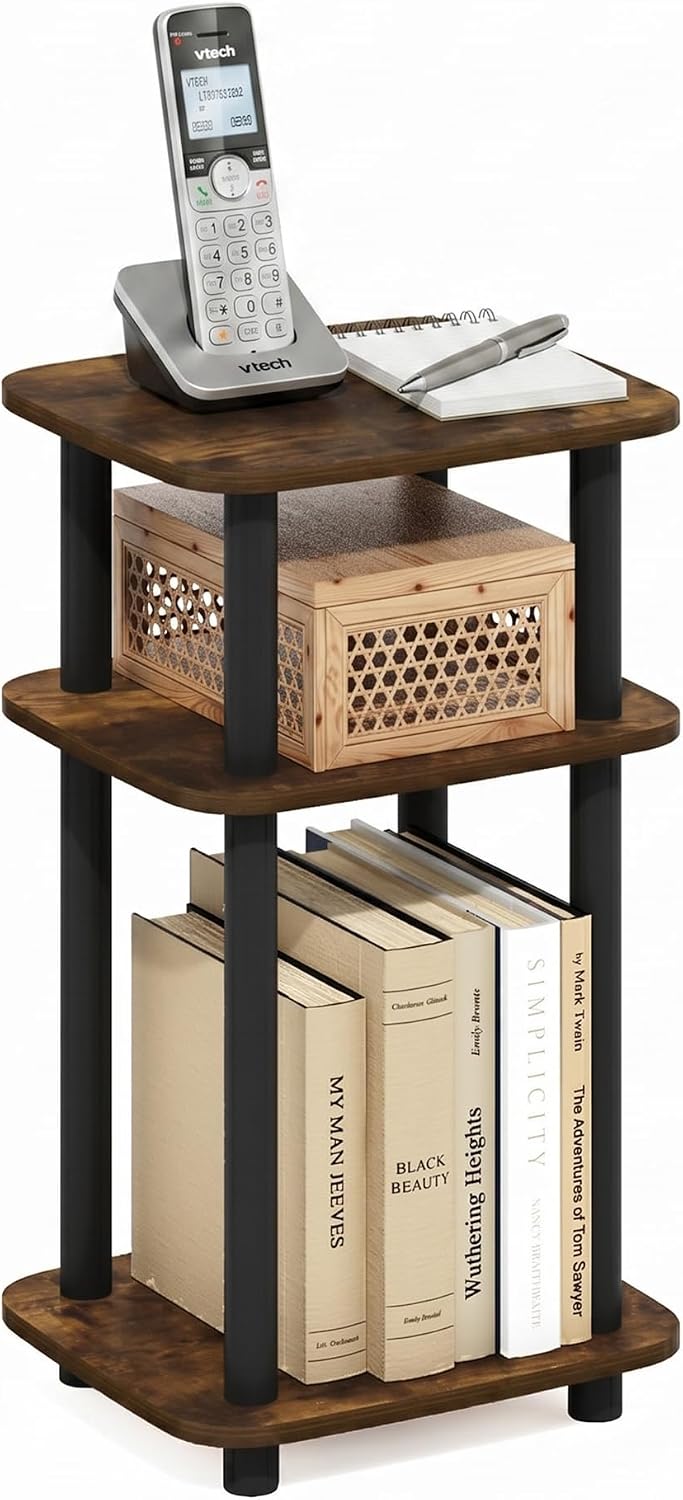 Furinno JUST 3-Tier Telephone Table, Turn-N-Tube Toolless Side Table with Open Shelf, Round Curve Corner Night Stand, Bedside Table, for Living Room, Bedroom, Amber Pine