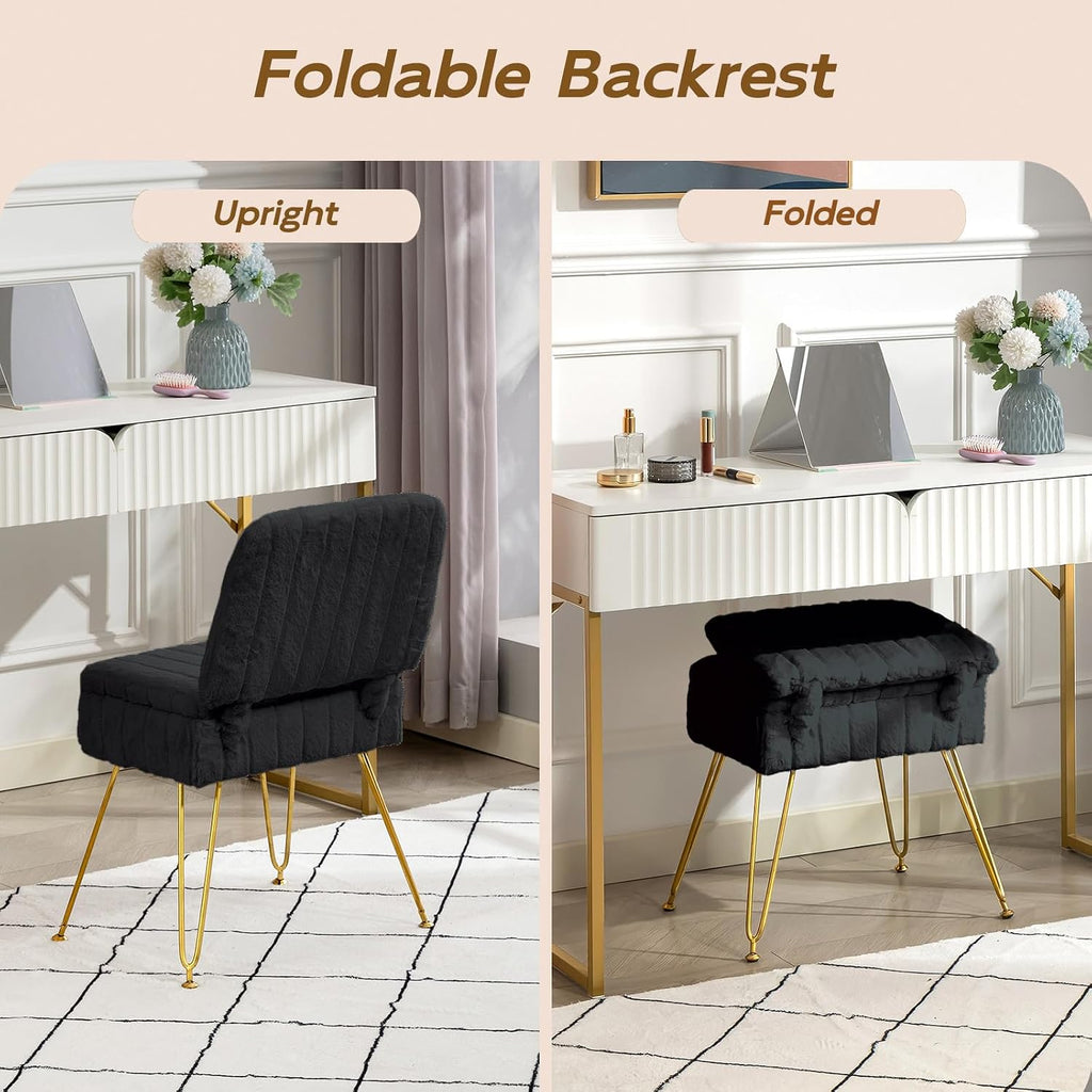 Vanity Chair with Storage | Comfy Ottoman with Folding Back | Faux Fur Vanity Stool with 4 Metal Legs for Make Up | Furry Padded Seat with Anti-Slip Feet for Bedroom Dressing Room | Black
