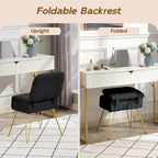 Vanity Chair with Storage | Comfy Ottoman with Folding Back | Faux Fur Vanity Stool with 4 Metal Legs for Make Up | Furry Padded Seat with Anti-Slip Feet for Bedroom Dressing Room | Black